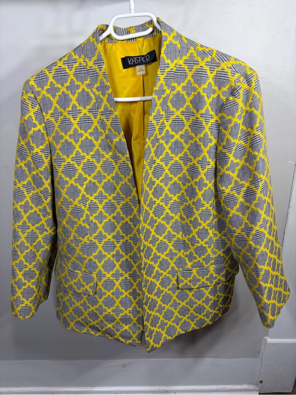 Kasper Yellow & Grey Jacquard Plaid Open Front Career Blazer Jacket Dandelion
